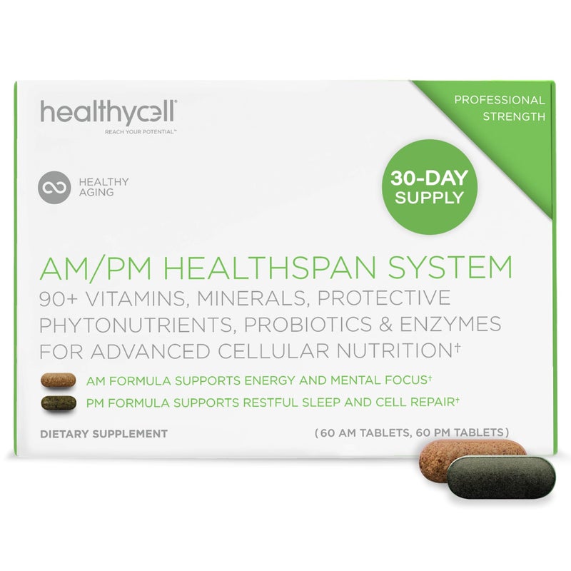 HealhtyCell AMPM Healthspan System 90 Vitamins Minerals Protective Phytonutrients Probiotics Enzymes for Advanced Cellular Nutrition 60 AM Tablets 60 PM Tablets